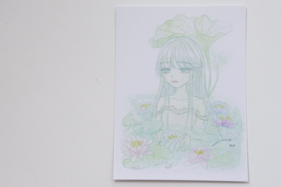 午夜的森林。花系少女手绘卡片 - 睡莲 - 卡片/明信片 - 纸 粉红色