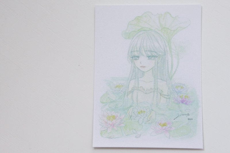 午夜的森林。花系少女手绘卡片 - 睡莲 - 卡片/明信片 - 纸 粉红色