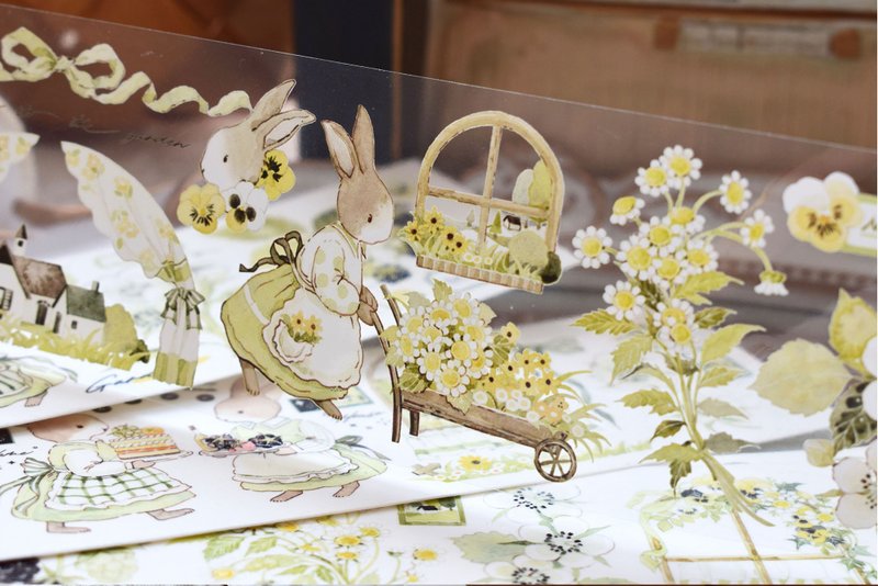 田園小野-PET膠帶清新自然花卉兔子DIY手帳日誌手繪裝飾素材 - 纸胶带 - 塑料 多色