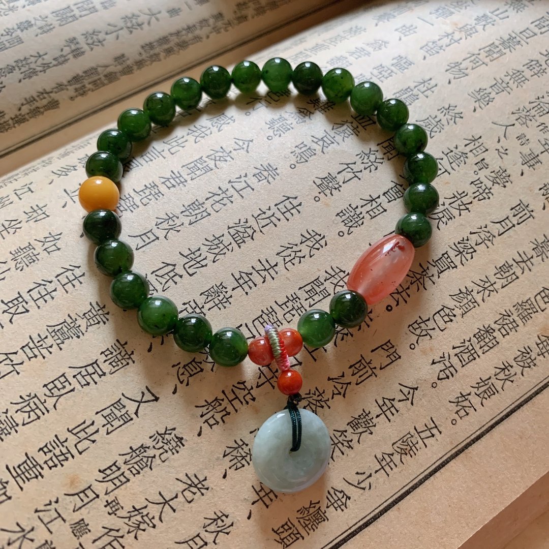 售完欣赏 绿衫与夏。天然俄罗斯碧玉 缅甸翡翠平安扣编织手链 - 手链/手环 - 玉石 绿色
