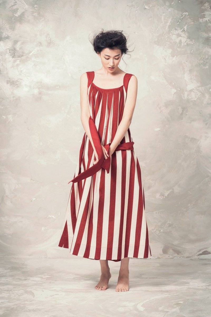 条纹洋装(红) - 洋装/连衣裙 - 棉．麻 红色