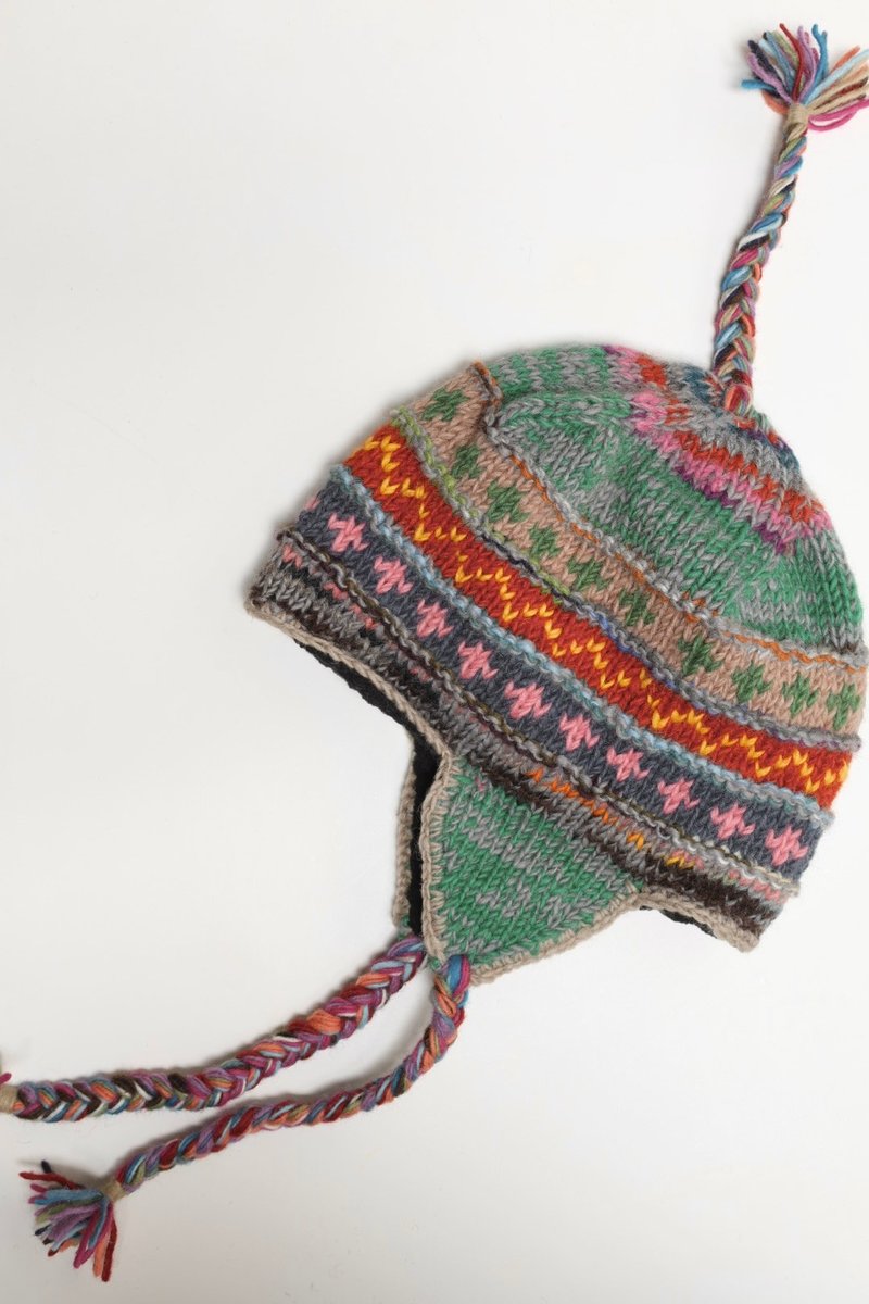 民族风灰绿辫子飞行帽纯羊毛线手工编织全衬防风毛帽子护耳帽保暖 - 帽子 - 羊毛 灰色