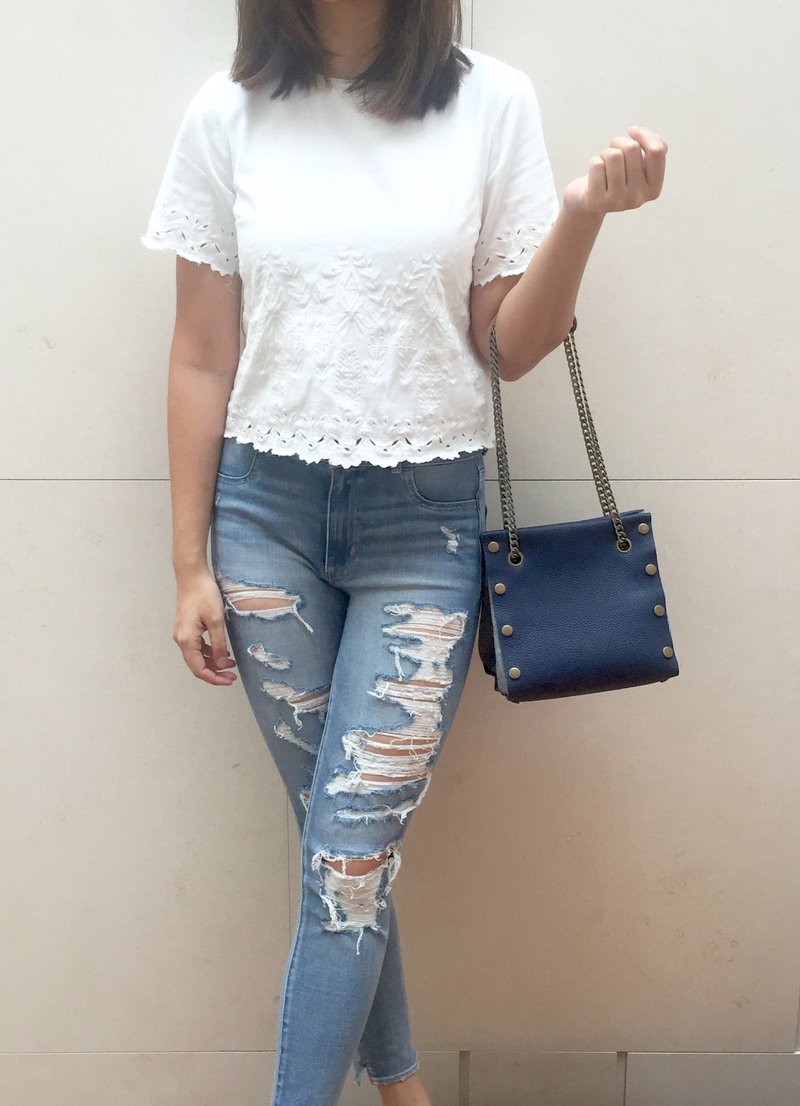 自由组合式 小方形皮革拼布手袋  蓝色皮革 布料随时替换 - 侧背包/斜挎包 - 真皮 蓝色