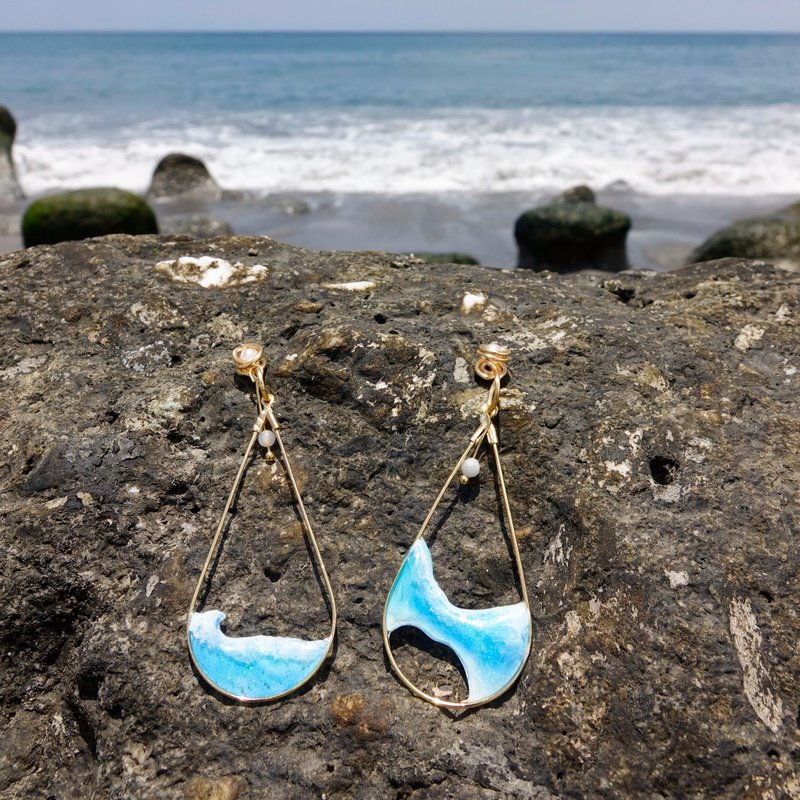 水滴状海浪边上一颗珠 耳环 树脂 个性 海洋风 - 耳环/耳夹 - 树脂 蓝色