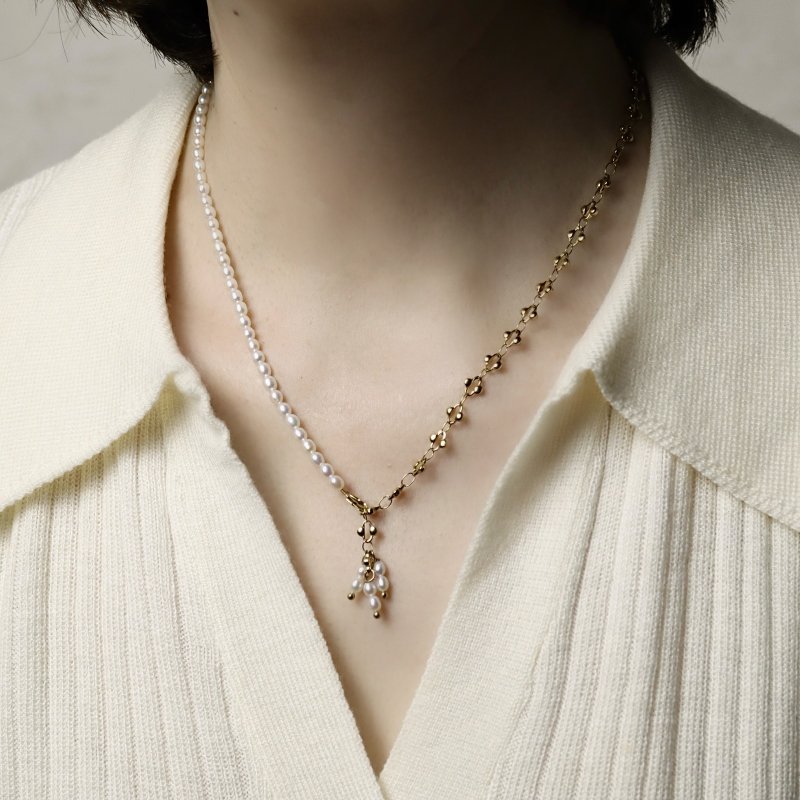 日与月之舞珍珠钛钢项链 天然淡水珍珠 个性 不对称 - 项链 - 珍珠 白色