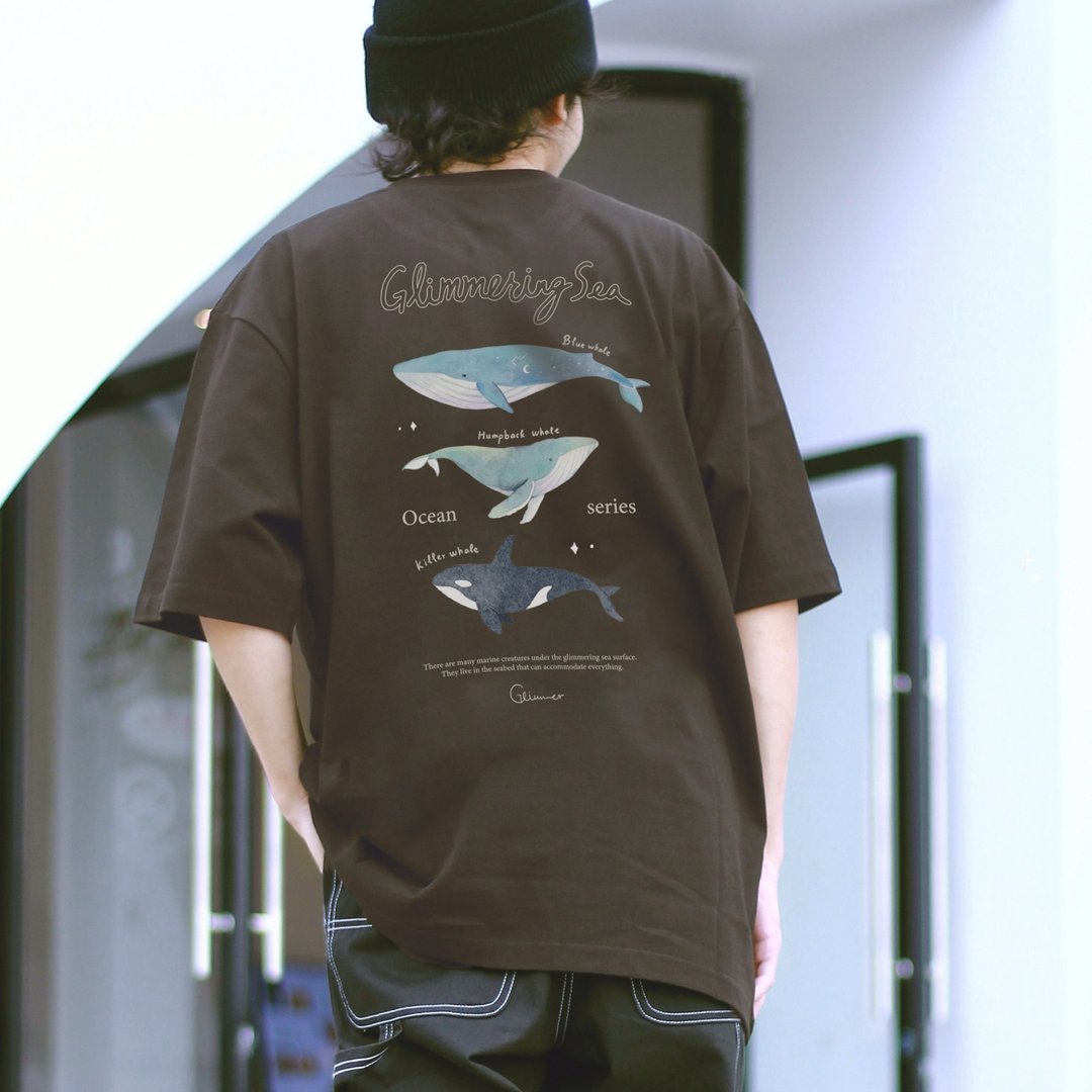 | 微光 Ocean | 慵懒落肩 T-shirt ~ 鲸鱼三重奏 - 女装 T 恤 - 棉 