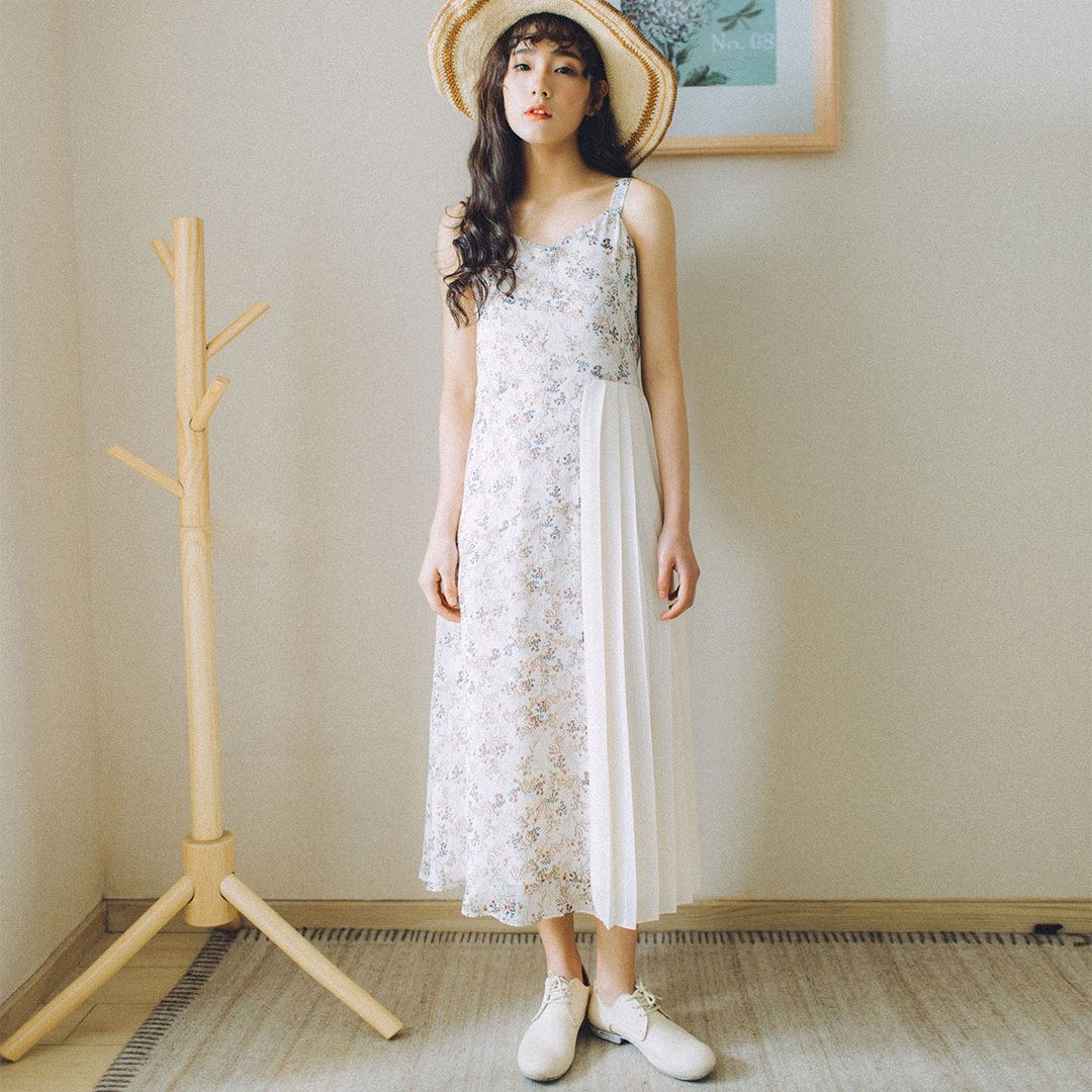 安妮陳2017夏季新款女裝碎花无袖连身裙洋装 - 洋装/连衣裙 - 棉 白色