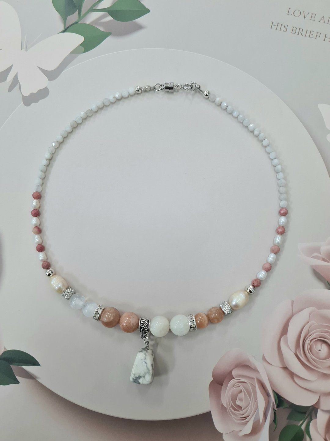 Sun Stone、Moon Stone、Rhodonite & Selenite 纯天然石项链 - 项链 - 石头 多色