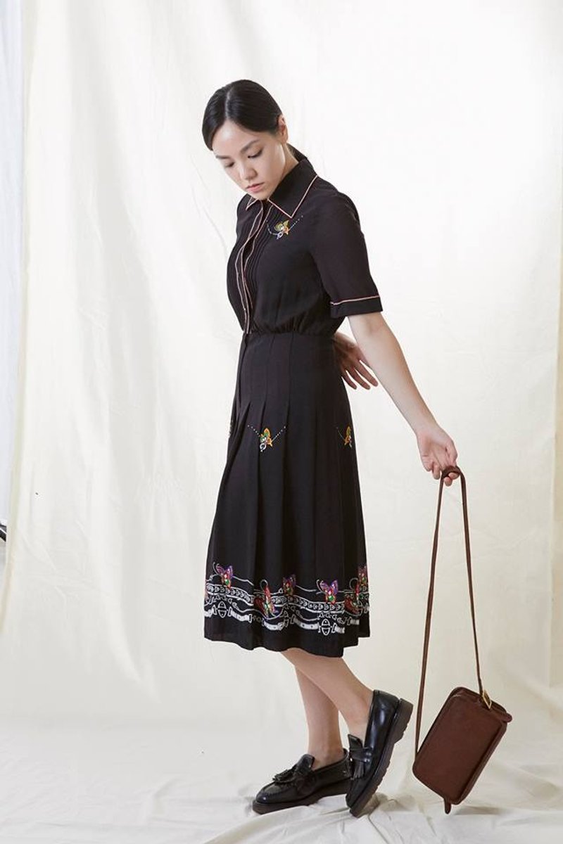 《Vintage dress》蝴蝶黑 VD171 - 洋装/连衣裙 - 聚酯纤维 蓝色