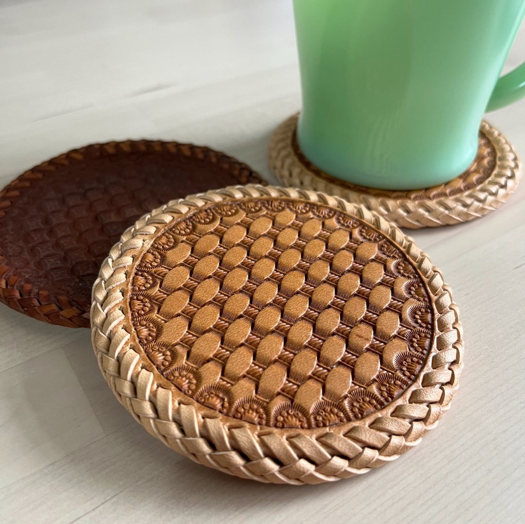 【LS Leatherworks】皮革杯垫-藤纹编织 - 杯垫 - 真皮 咖啡色