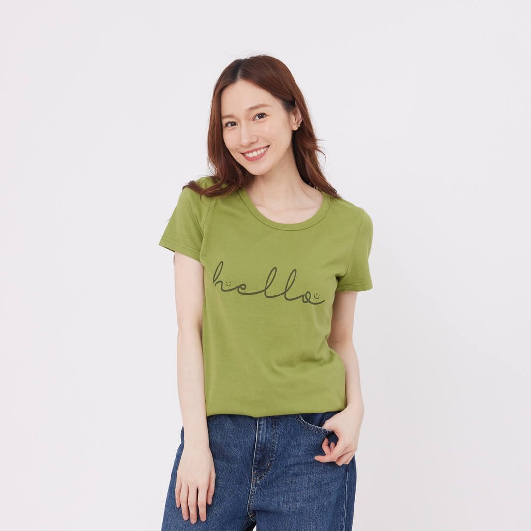 hello 短袖蜜桃棉女棉T 芥末綠 - 女装 T 恤 - 棉 绿色