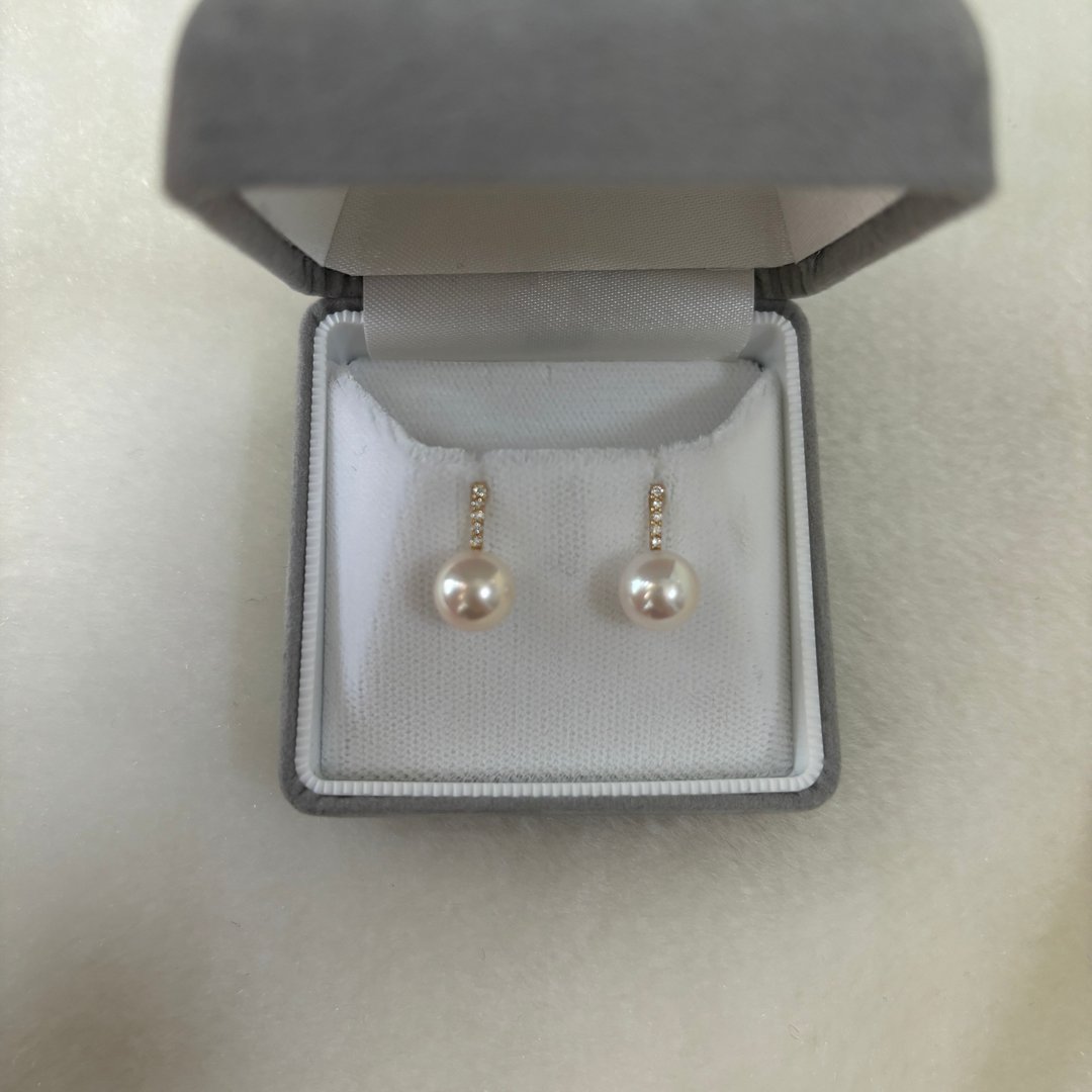 日本 Akoya 海水珍珠耳环 8mm 18K 金 钻石 D0.054ct 近无瑕 皮光佳 - 耳环/耳夹 - 珍珠 粉红色