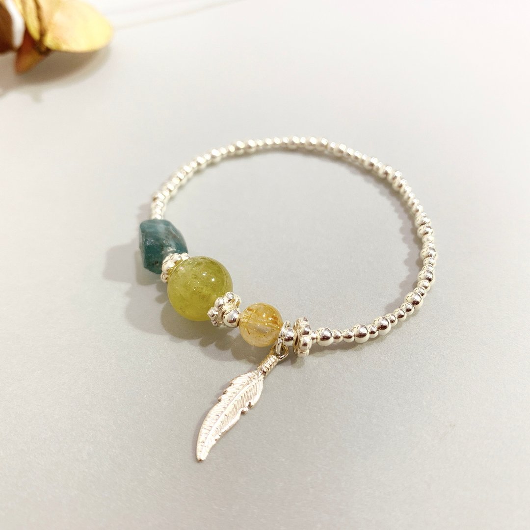 Ops Rutilated Quartz bracelet-黄发晶/招财/心轮/摩根石/磷灰石 - 手链/手环 - 其他金属 绿色