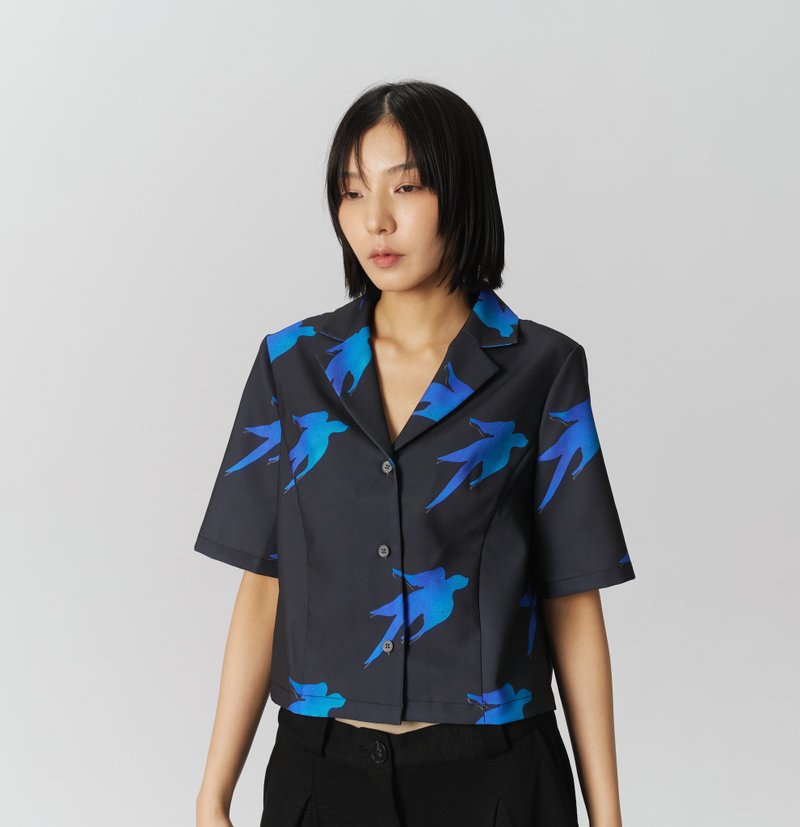 幸运蓝鸟复古印花衬衫 黑色 - 女装衬衫 - 聚酯纤维 黑色