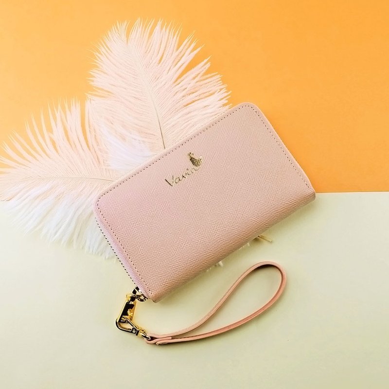 Rose Quartz(Gold Logo) Medium Zip Around Wristlet ,Cow Leather - 皮夹/钱包 - 真皮 粉红色