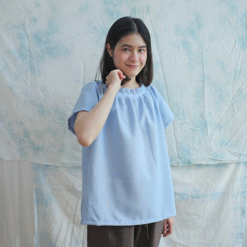 褶皱领上衣 - 蓝色 / linnil 原创设计 - 女装上衣 - 棉．麻 蓝色