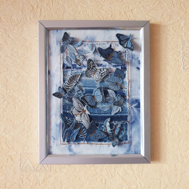 Denim Wall Art Butterfly Valley OOAK Denim art Fabric Art Textile Art - 墙贴/壁贴 - 其他金属 蓝色