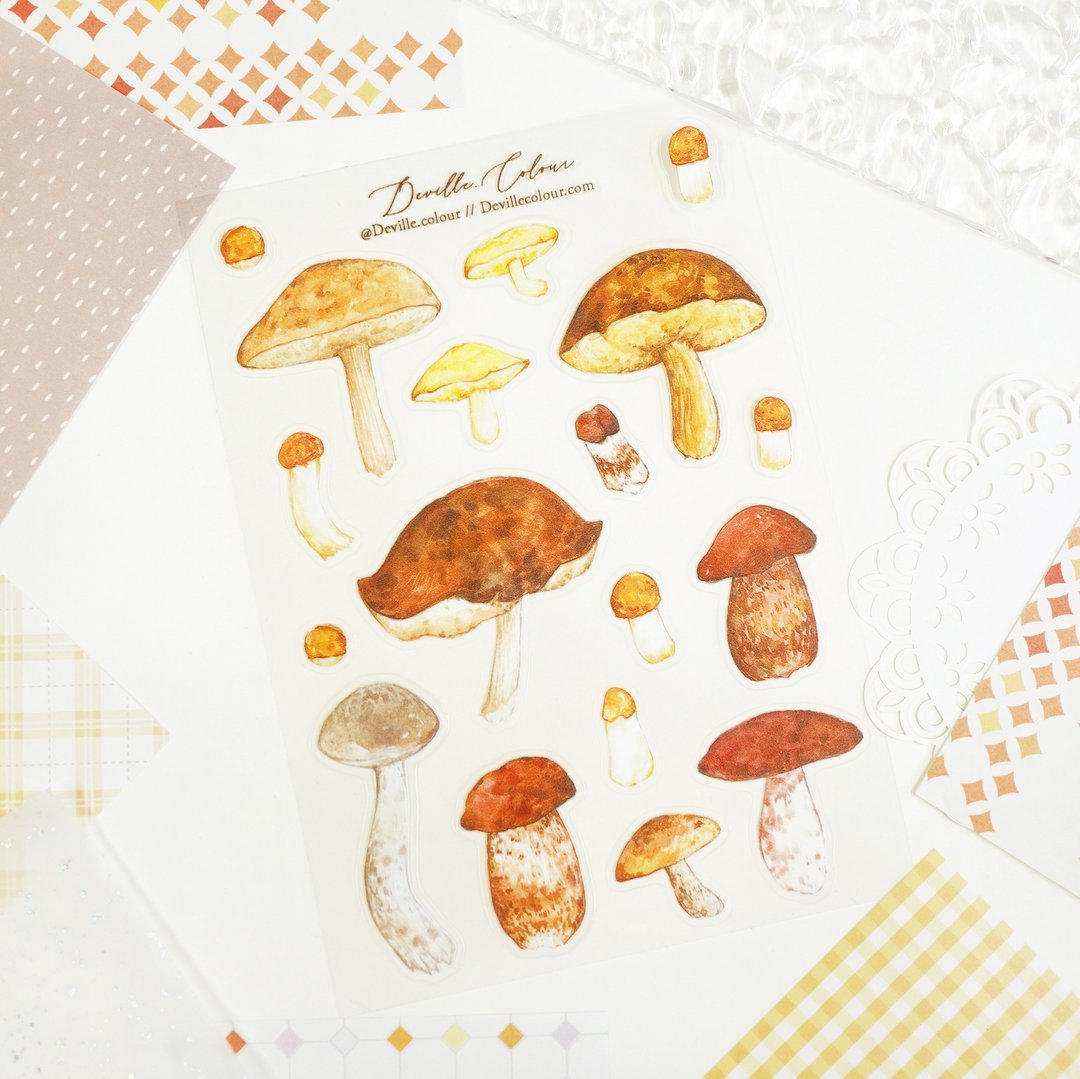 【牛肝菌蘑菇】水彩插画 白墨PET贴纸  手帐 自然 菇菌 Bolete - 贴纸 - 塑料 橘色