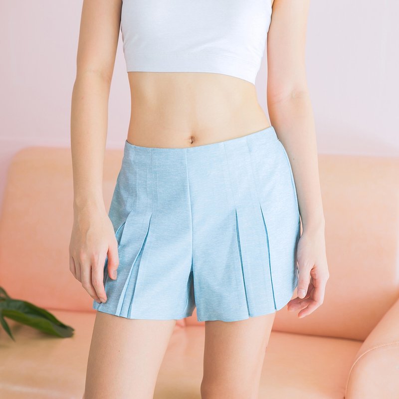 Pleated Shorts - Blue - 女装长裤 - 聚酯纤维 蓝色