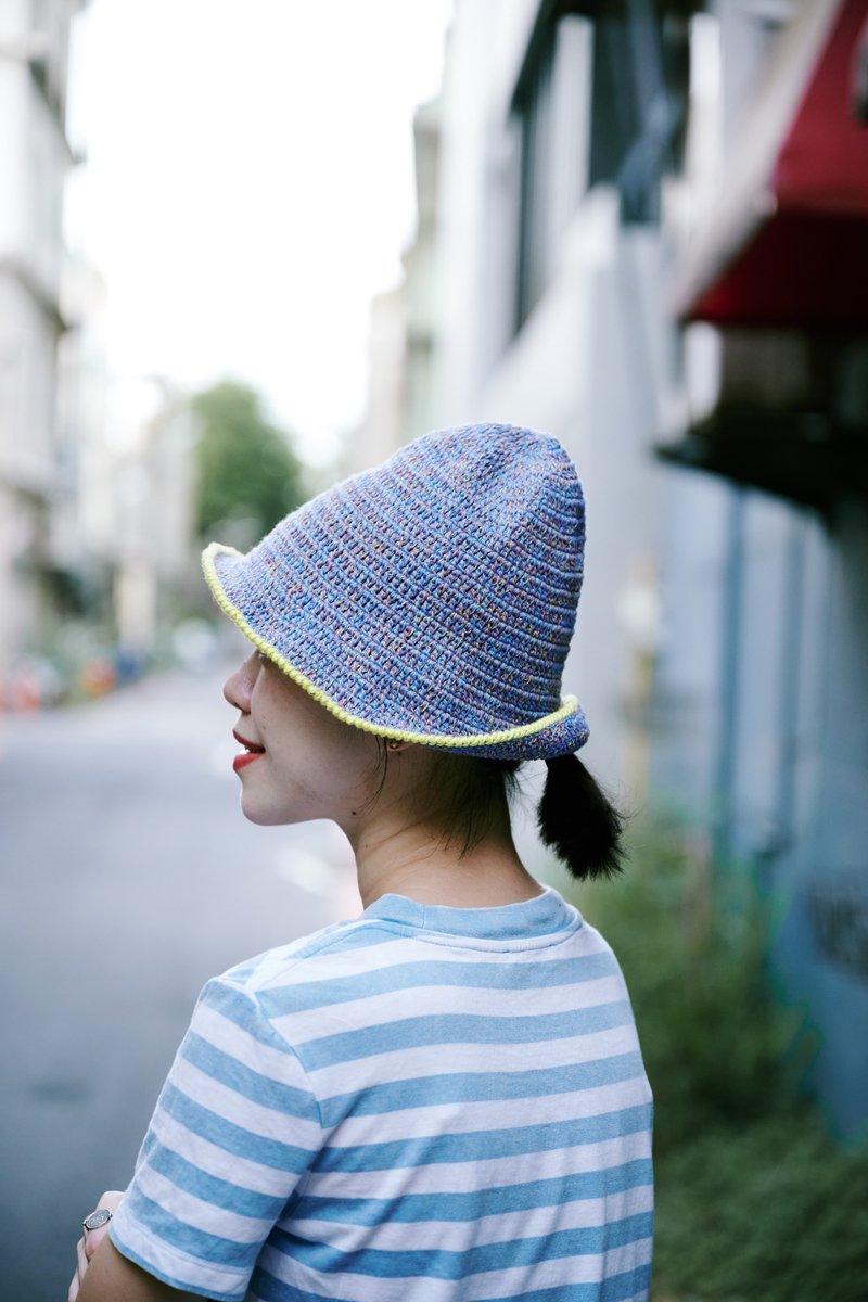 卷边山形帽-湖水蓝柠檬黄 - 帽子 - 棉．麻 蓝色