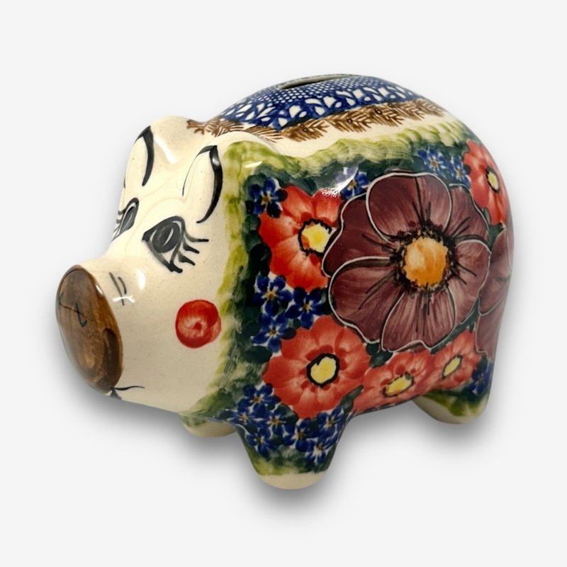 波兰手绘手工陶-小猪存钱筒 15cm 雅红之宴系列 波兰制 - 储蓄罐 - 陶 多色