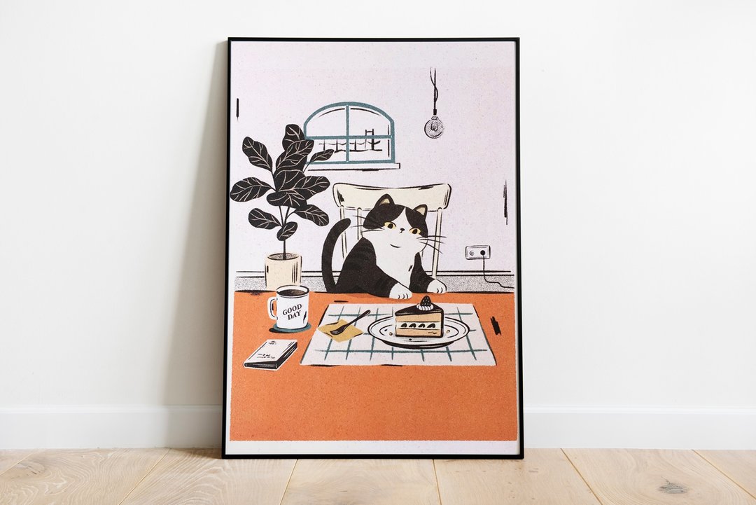 想偷吃巧克力蛋糕的猫 - 海报/装饰画/版画 - 纸 白色