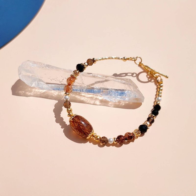 Saturn。黑金超七 铜髪晶 尖晶石 14K包金 水晶矿石设计手链 - 手链/手环 - 水晶 咖啡色