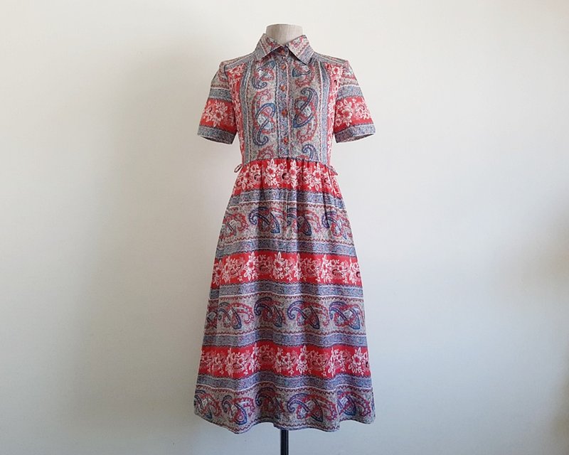 复古蓝红色碎花衬衫洋装 女士佩斯利印花短袖 S 尺寸 - 洋装/连衣裙 - 聚酯纤维 红色