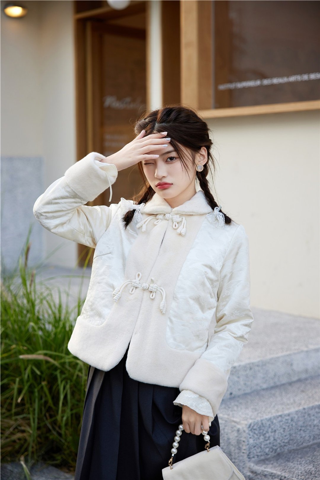 乳白色  復古漢服少女唐裝棉服 搭配旗袍新中式春節改良外套 - 女装休闲/机能外套 - 棉．麻 白色