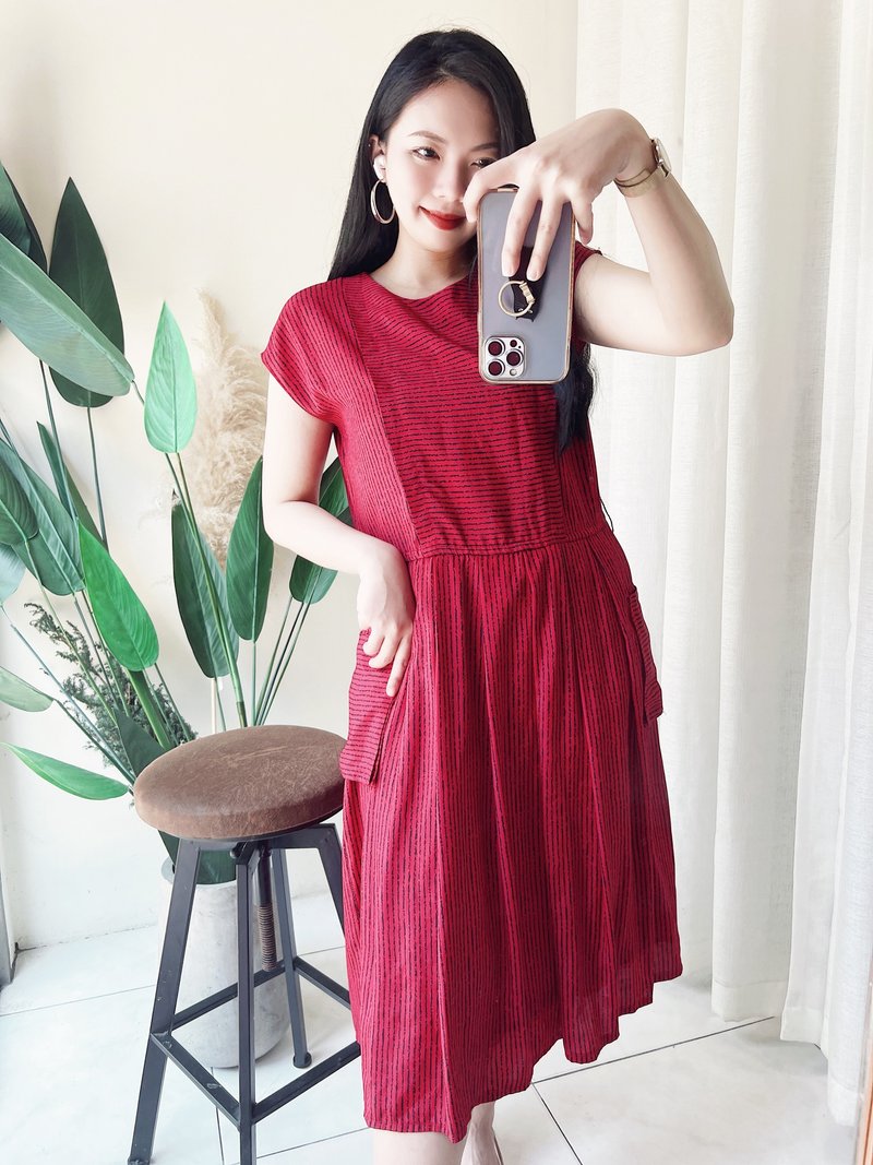 艳红细直横双纹烈焰优雅 古着洋装连衣裙连身裙 vintage dress - 洋装/连衣裙 - 聚酯纤维 红色