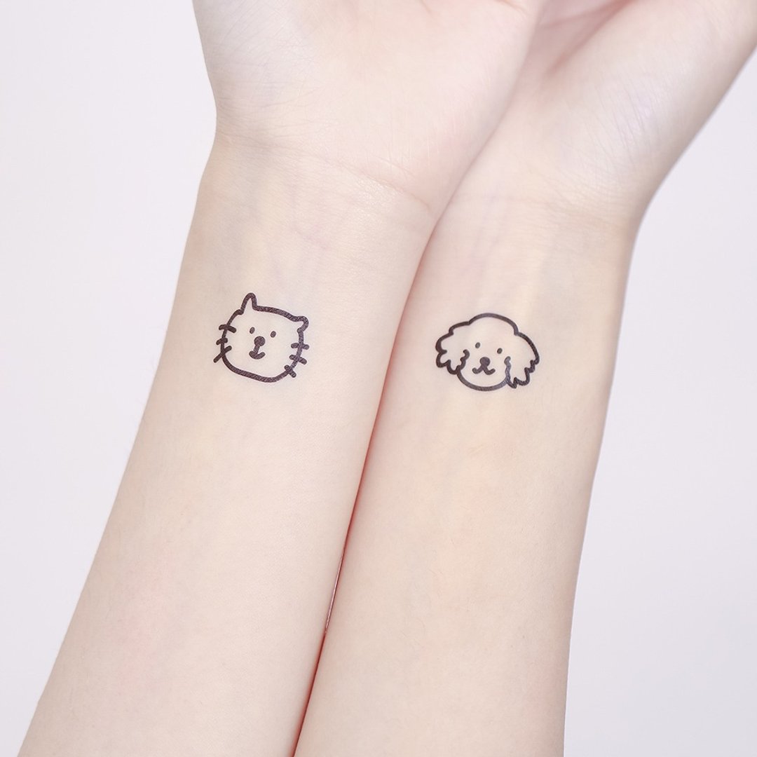 刺青纹身贴纸 - 小猫 小狗 动物纹身 2入 - 纹身贴 - 纸 黑色