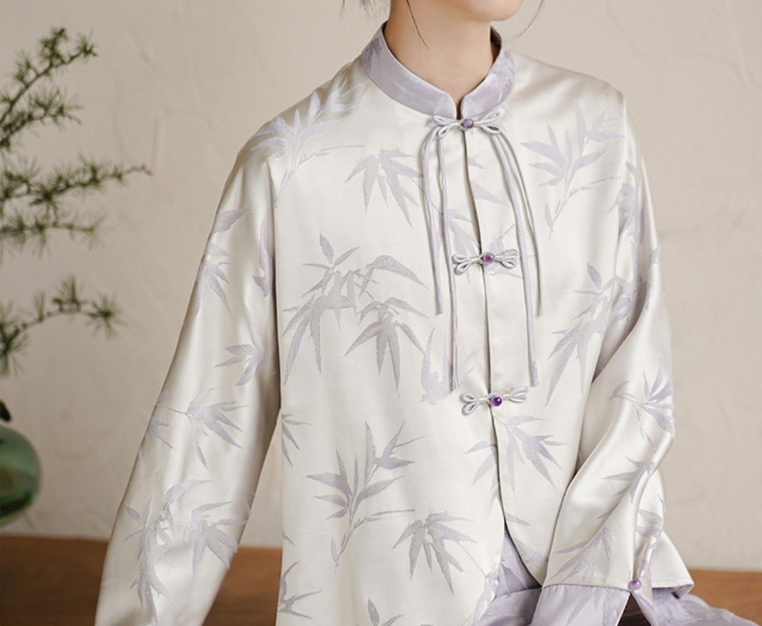 新中式 秋冬中国风唐装高贵提花禅茶服 上衣/半裙 - 女装上衣 - 丝．绢 紫色