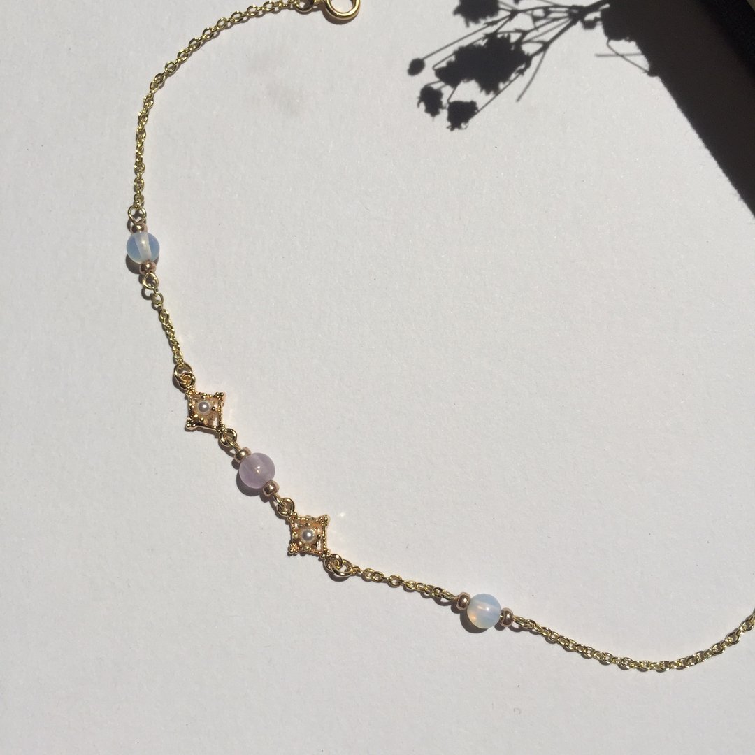 14K包金 紫水晶珍珠星芒手链 项链 锁骨链 蛋白石 14KGF - 手链/手环 - 半宝石 紫色
