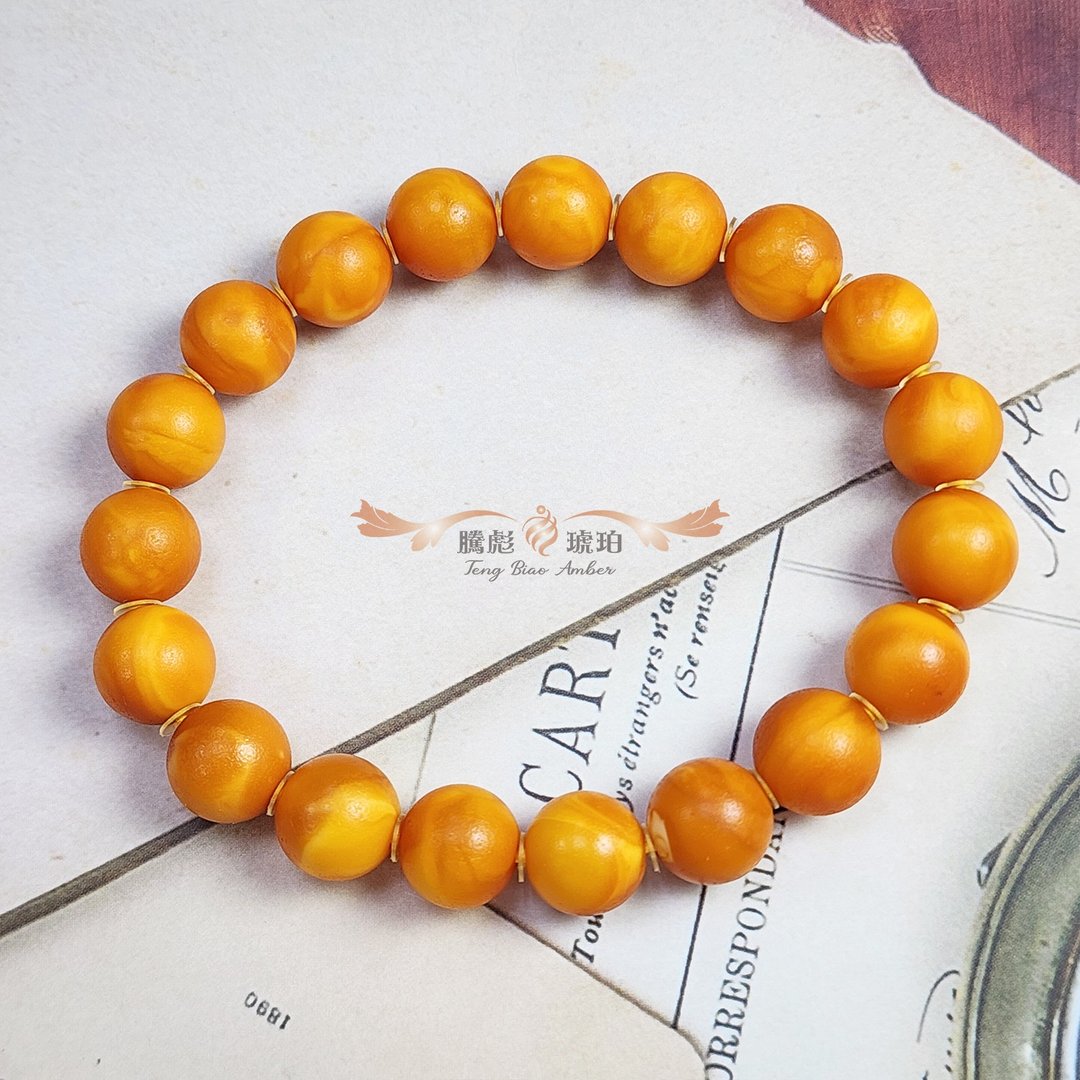 腾彪琥珀 天然琥珀蜜蜡 多年份氧化 老白花蜜蜡  藏级单圈 手链 - 手链/手环 - 半宝石 橘色