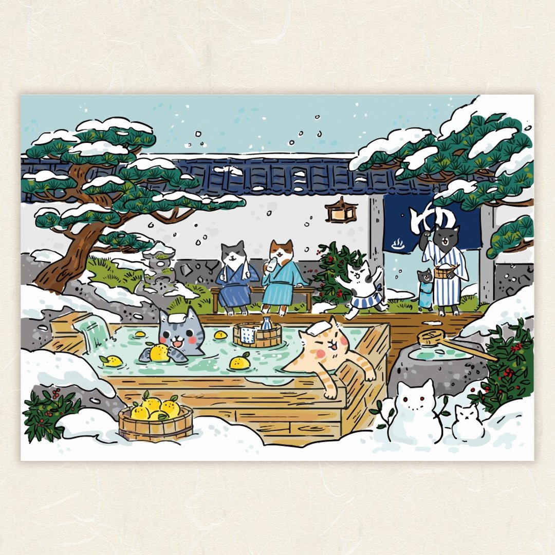 雪中汤屋【HitoCat 吉豆猫】明信片 - 卡片/明信片 - 纸 白色