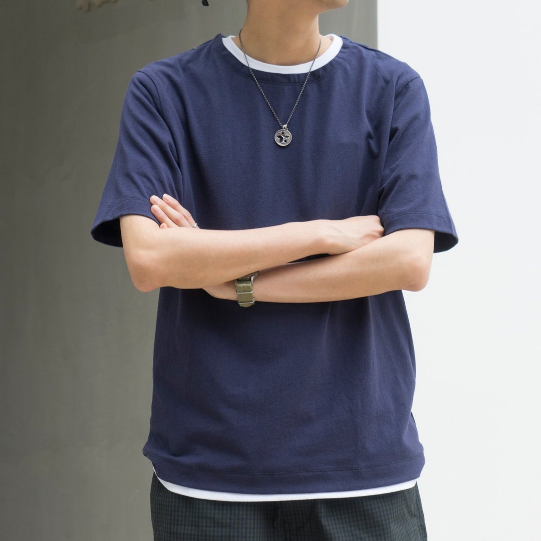 T-SHIRT 夏日層次短袖T恤 日系純色假2件層次設計TEE CITYBOY - 男装上衣/T 恤 - 棉 蓝色