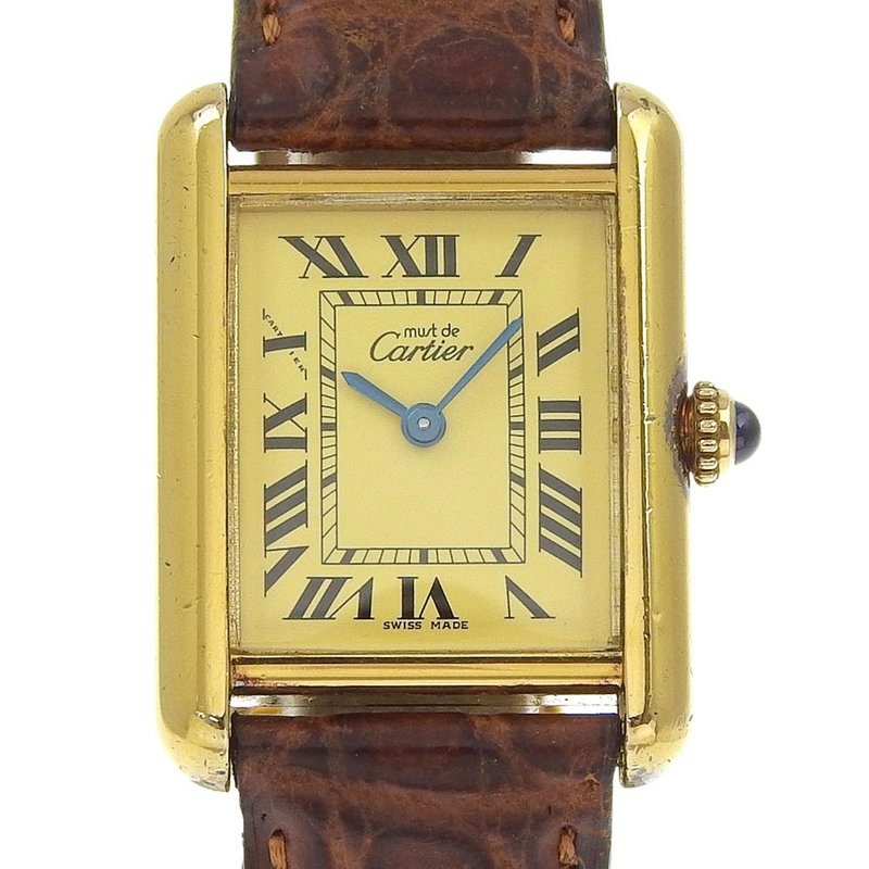 【日本直送】卡地亚 CARTIER Must Tank SM 手表 cal.057 银 925 x 皮革 石英 指针式显示 金色表盘 【二手品】 - 女表 - 银 金色