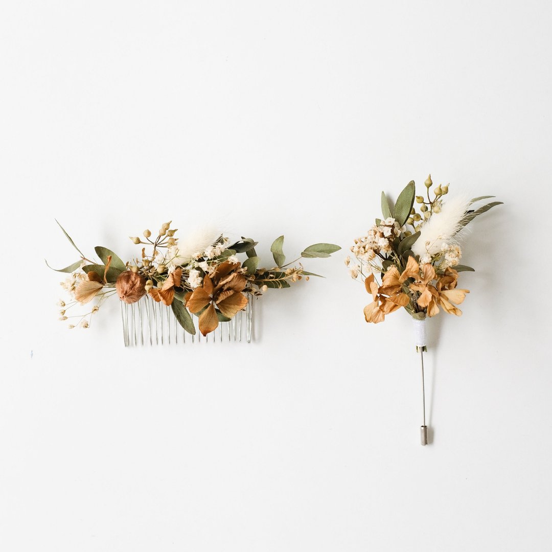Marry Me : Dry Flower Hair Comb + Brooch - 发饰 - 植物．花 咖啡色