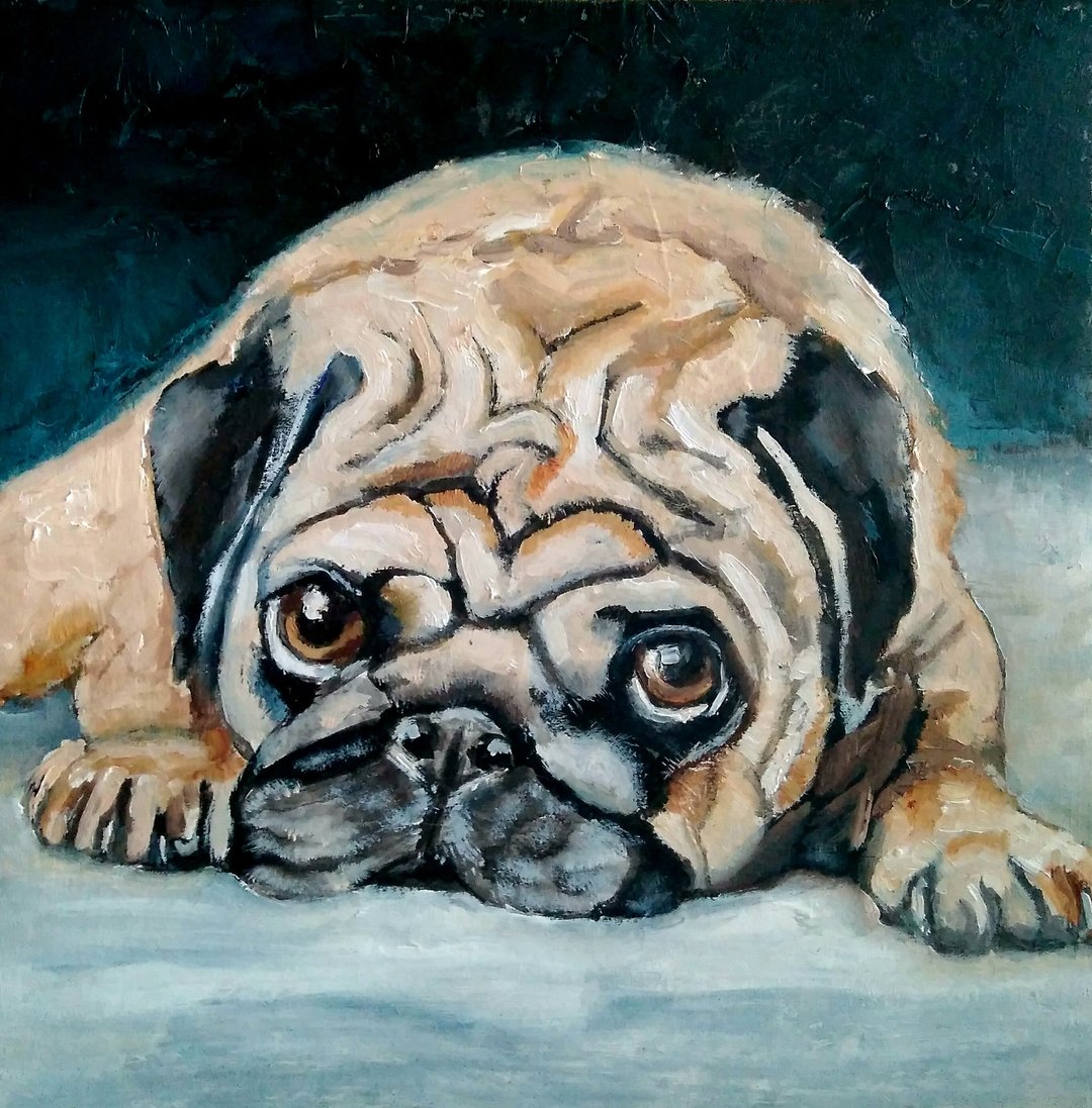 Pug Original Oil Painting, Dog Artwork, Funny Pet Portrait, Animalistic Wall Art - 海报/装饰画/版画 - 其他材质 多色