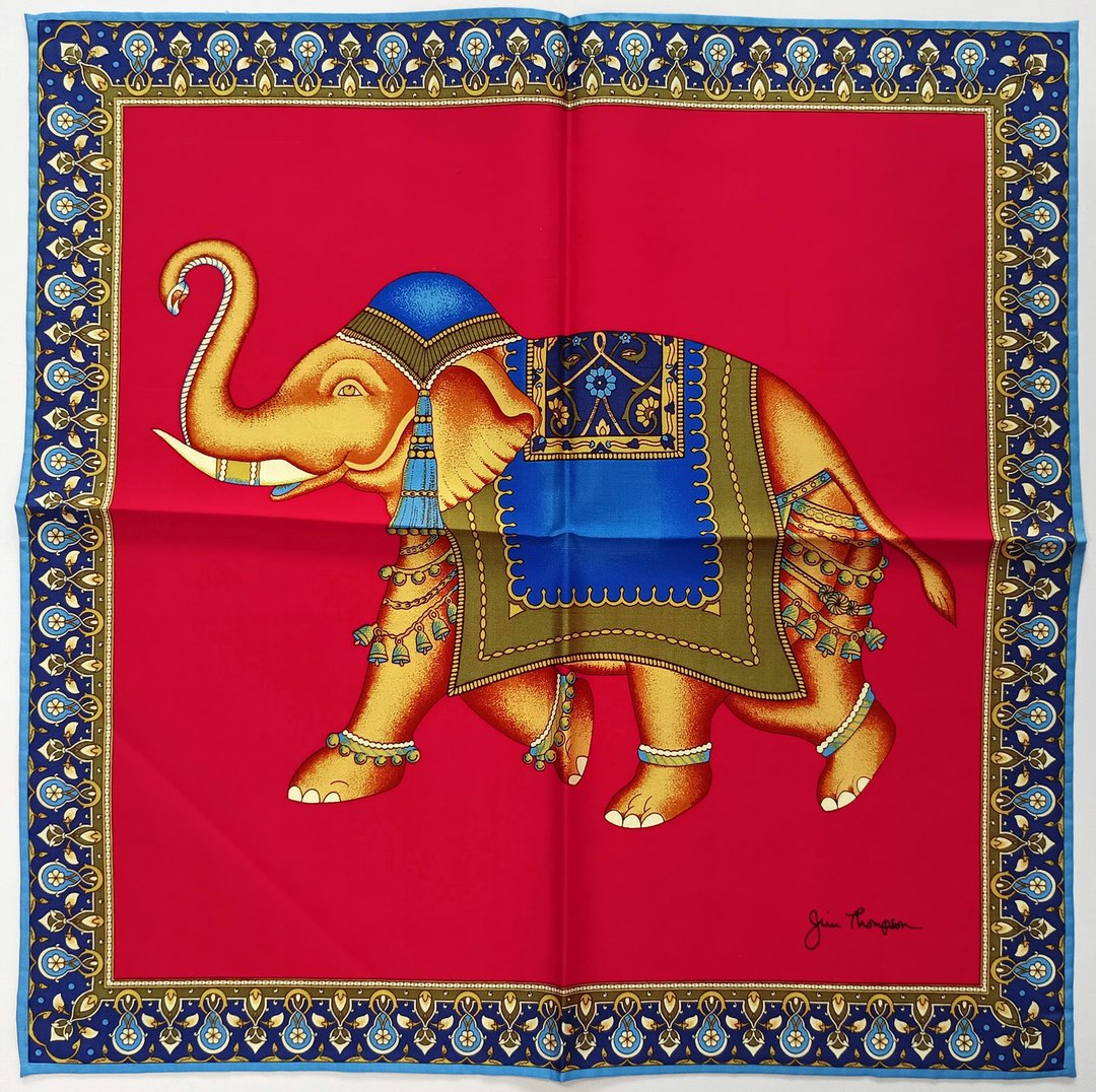 复古 Jim Thompson 丝绸手帕 皇家泰国象 16 x 15.5 英寸 - 手帕/方巾 - 棉 红色