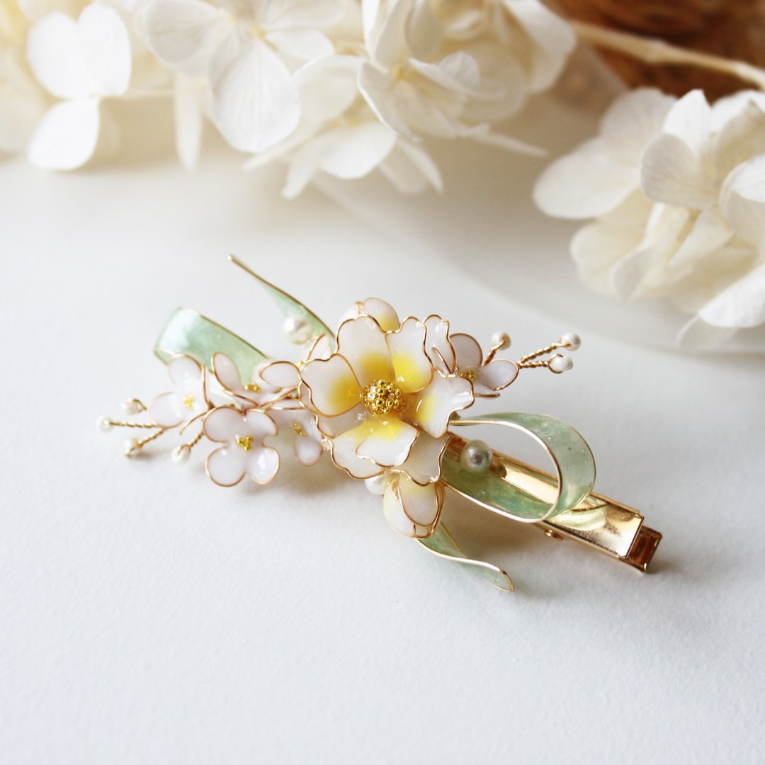 【缎带山芙蓉花发夹】山芙蓉苹果绿蝴蝶结 手工铜线树脂 发夹发饰 - 发饰 - 树脂 多色