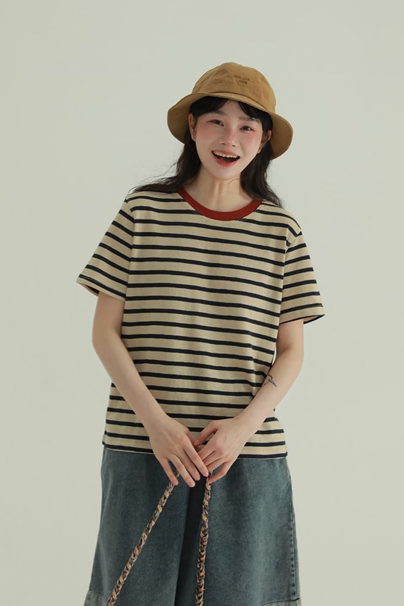 2顔色 撞色條紋短袖T恤 休閒簡約百搭寬松顯瘦圓領上衣 - 女装 T 恤 - 棉．麻 黑色