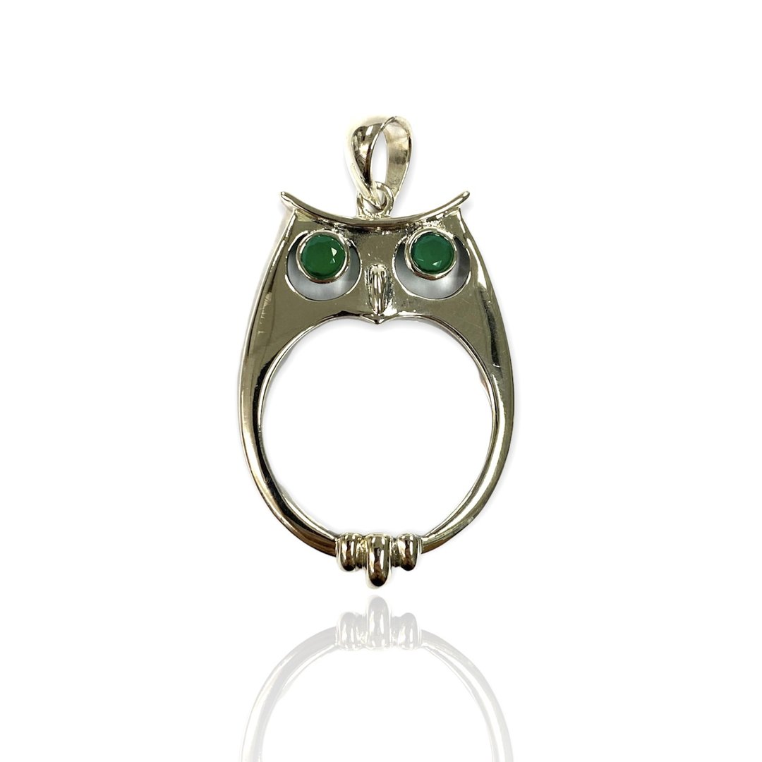 Victorian Style Owl & Emerald Magnifying Glass Loop Pendant 925 Sterling Silver - 其他 - 纯银 银色