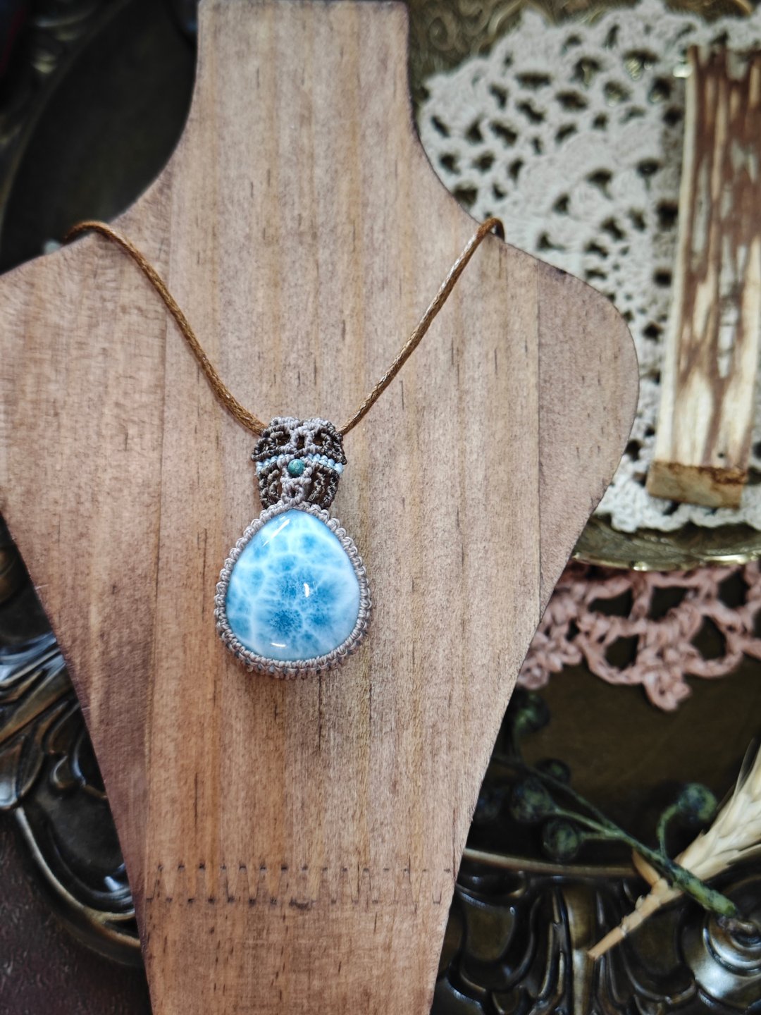 海纹石水晶手工颈绳|来自南美的绳线手工编织|Larimar - 项链 - 水晶 蓝色