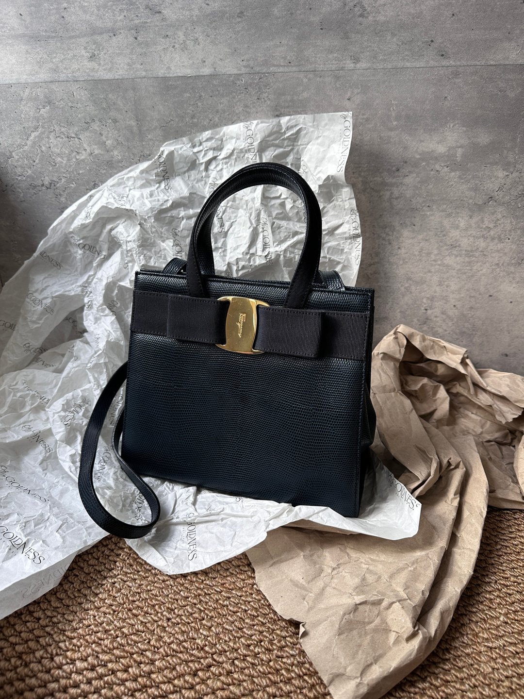 中古包 Salvatore Ferragamo 菲拉格慕 蜥蜴皮凯莉包 - 手提包/手提袋 - 真皮 黑色