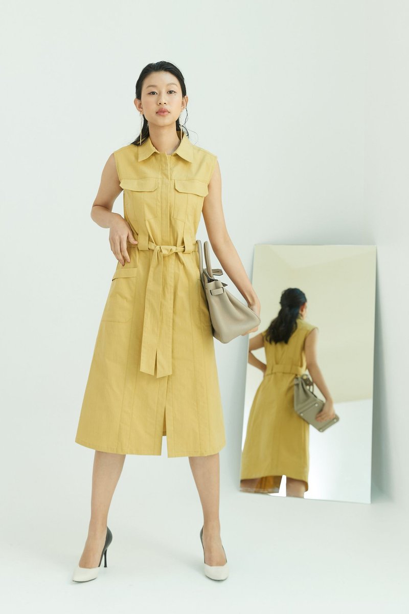 个性无袖绑带洋装(黄) - 洋装/连衣裙 - 棉．麻 黄色