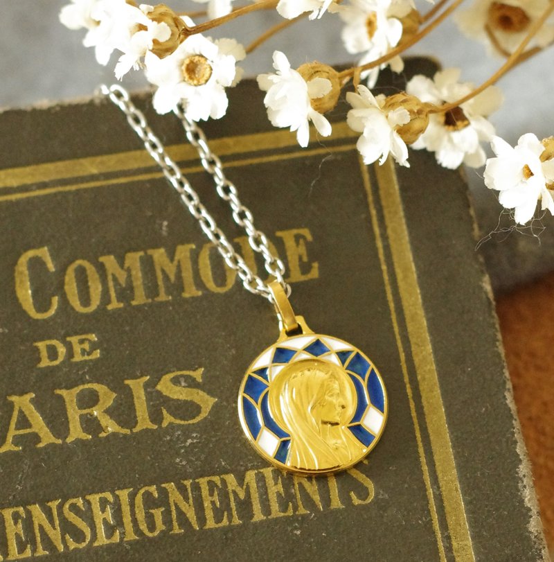 古董法国圣母信仰教堂十字架耶稣基督金色珐琅项链 N673 - 项链 - 其他金属 金色