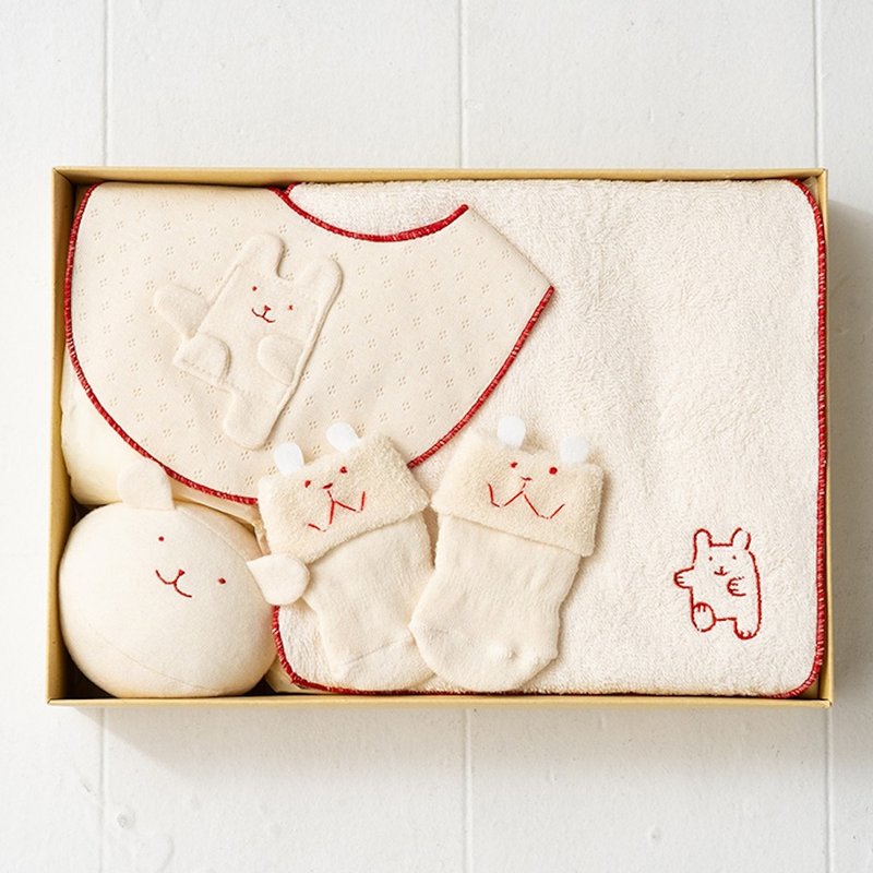 礼品组 LB 兔子系列 100% 有机棉围兜、球、袜子、迷你毛巾 4 件套 非常适合婴儿洗礼礼物 日本制造 - 满月礼盒 - 棉．麻 白色