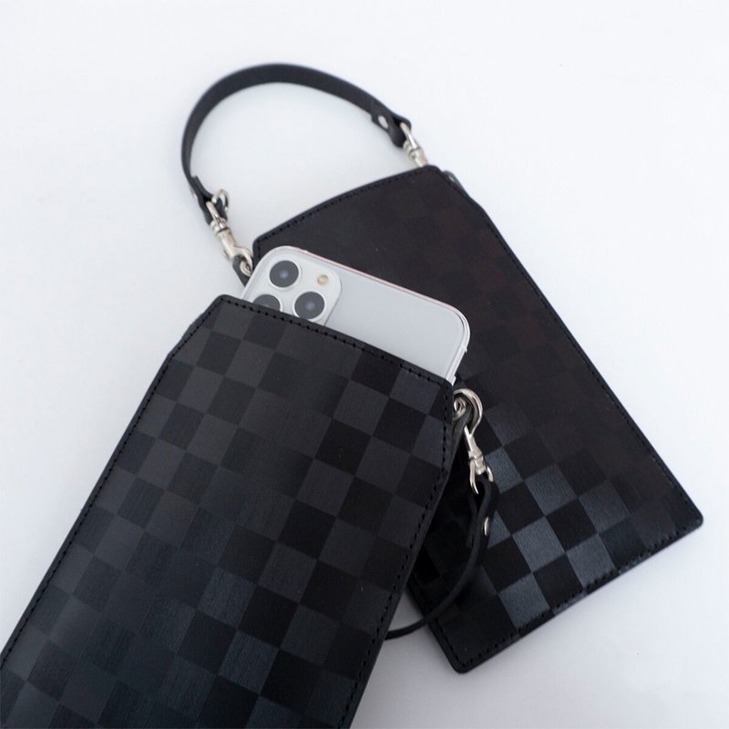 Smartphone Pouch [Italian Leather - Checkered -] Genuine Leather Pouch Handbag Leather Accessories Leather Goods FH07K - 耳机收纳 - 真皮 黑色