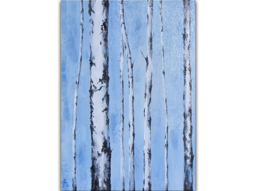 Birches Trees Painting White Tree on Blue Original Art Abstract Acrylic Painting - 海报/装饰画/版画 - 其他材质 蓝色